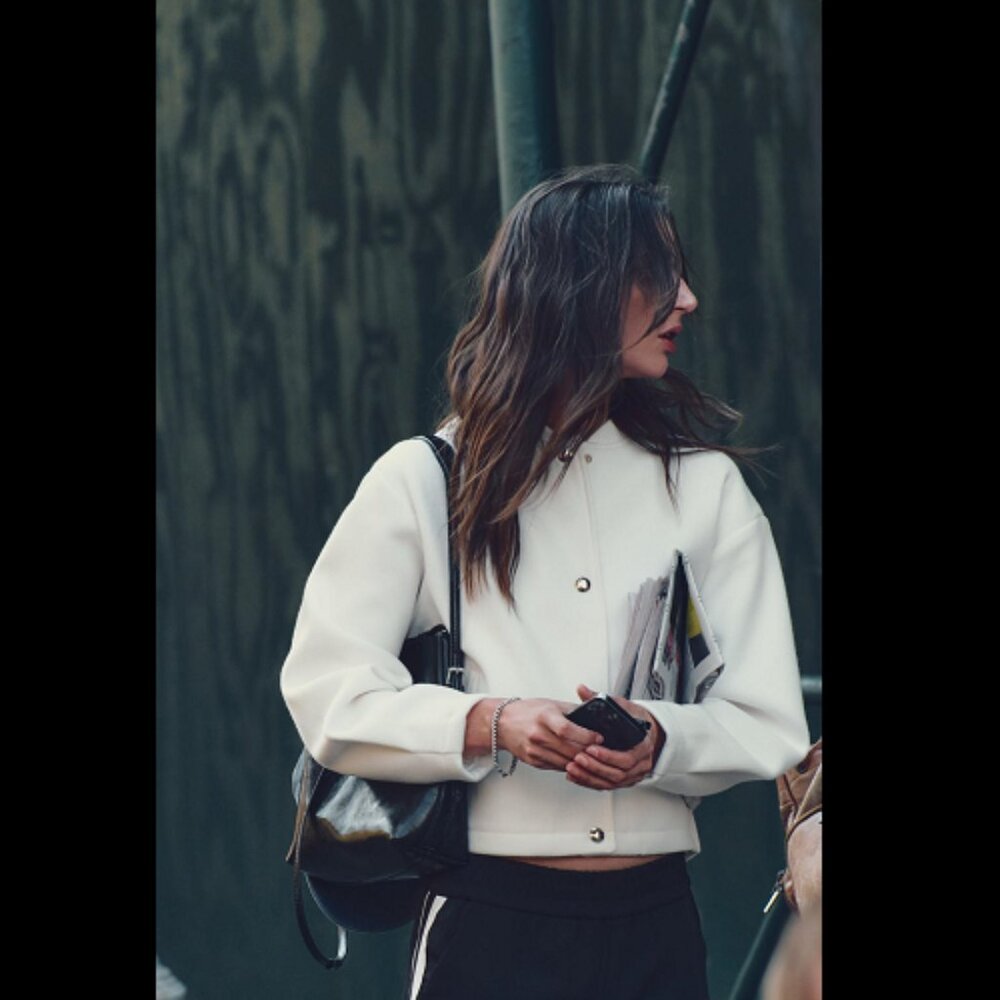 Zara Gold Button Soft Bomber Jacket Snap Button Rib Trim Ecru Cream Color Sz XL